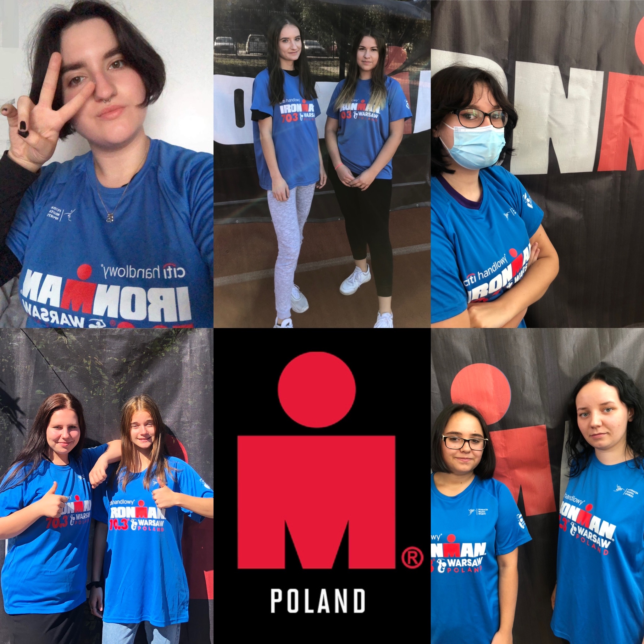 kolaż ze zdjęciami wolontariuszek w koszulkach z logo IRONMAN i oficjalne logo IRONMAN Poland.


