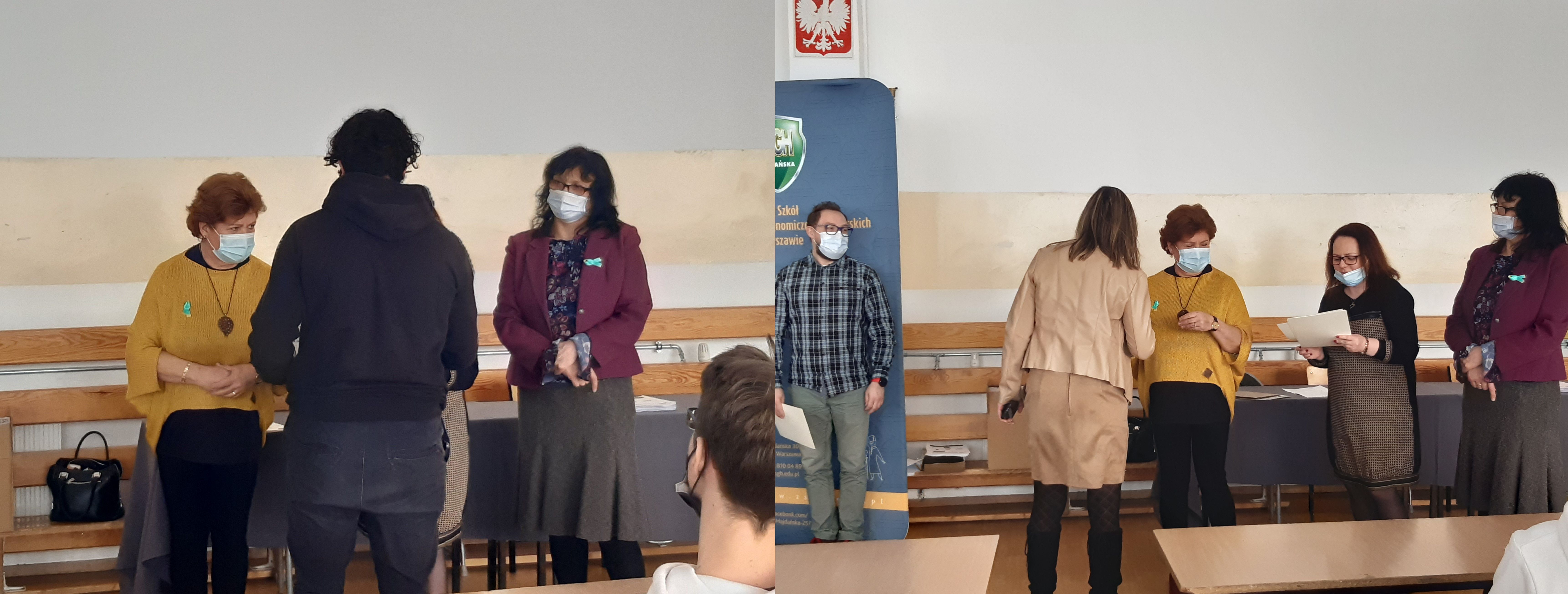uczeń odbierajacy nagrodę, nauczyciel odbierający podziękowanie