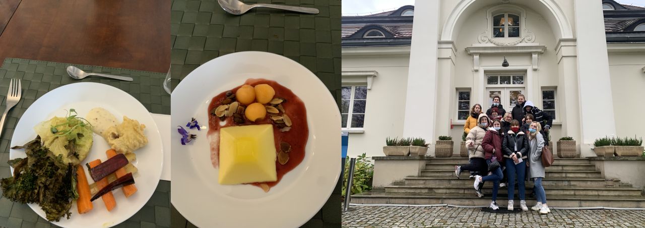 Bigosek z ryb z kapustą włoską podany z ryżem w cieście tretowanym oraz marchewką gotowaną i chipsami z jarmużu, Arkas z potażem śliwkowym podany z kulkami z melona i prażonymi migdałami, uczniowie na tle Willi Intrata