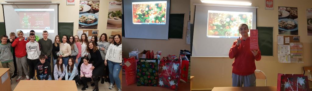 uczniowie klasy 3dp na tle prezentacji światecznej, klasowy Mikołaj, klasowe prezenty Mikołajkowe