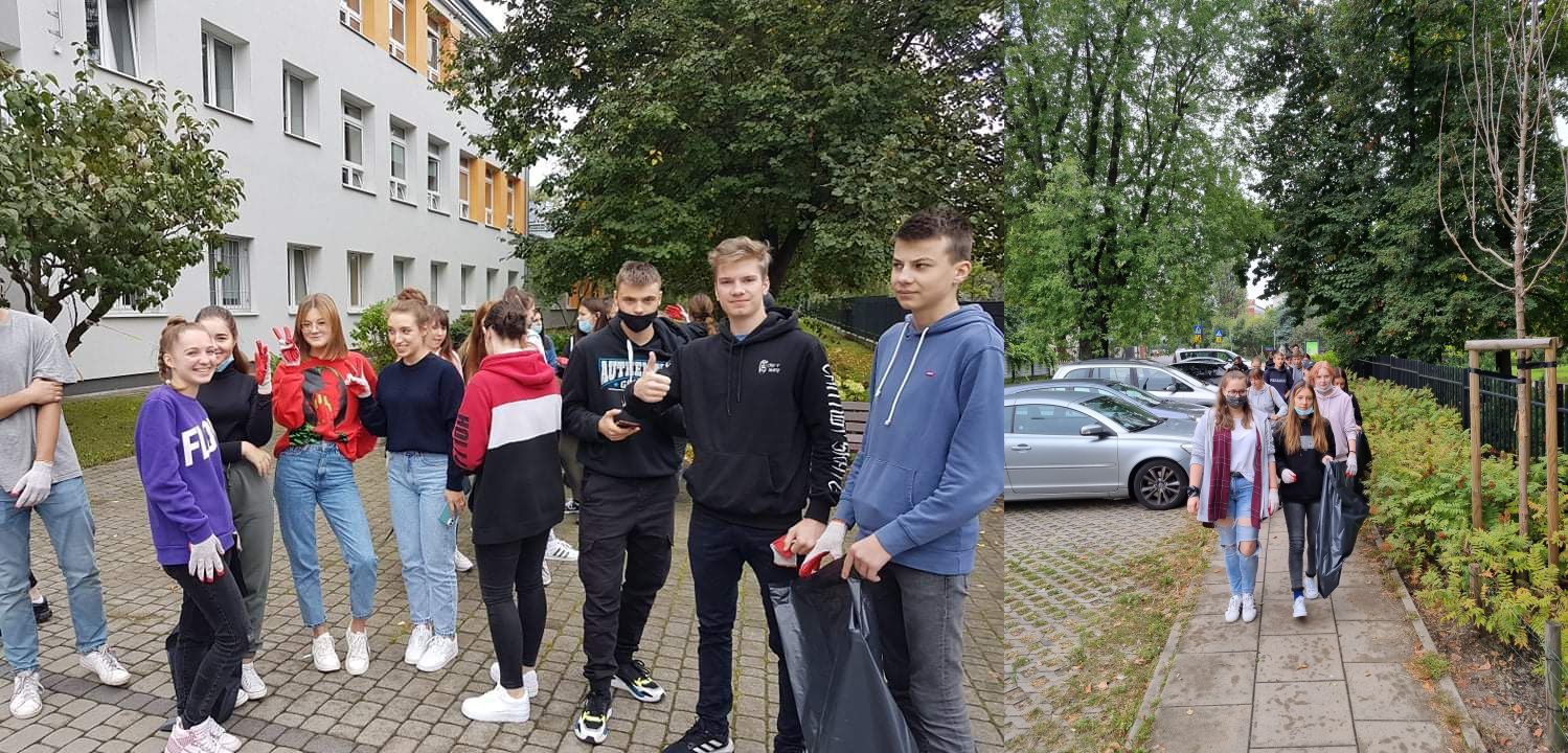 uczniowie w rękawiczkach i z workami na śmieci