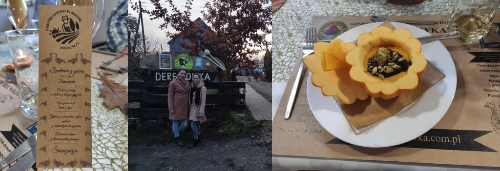 Nauczycielki przed budynkiem agroturystycznym Dereniówka, serwowane dania