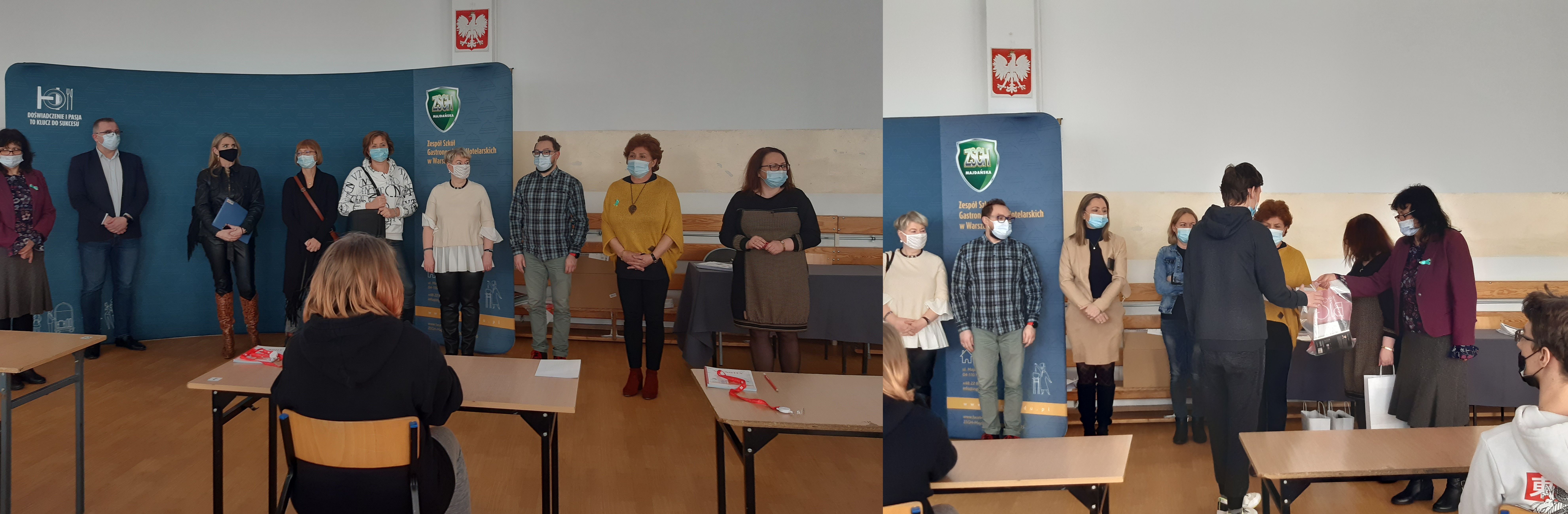 opiekunowie uczniów i organizatorzy konkursu, uczeń odbierajacy nagrodę,
