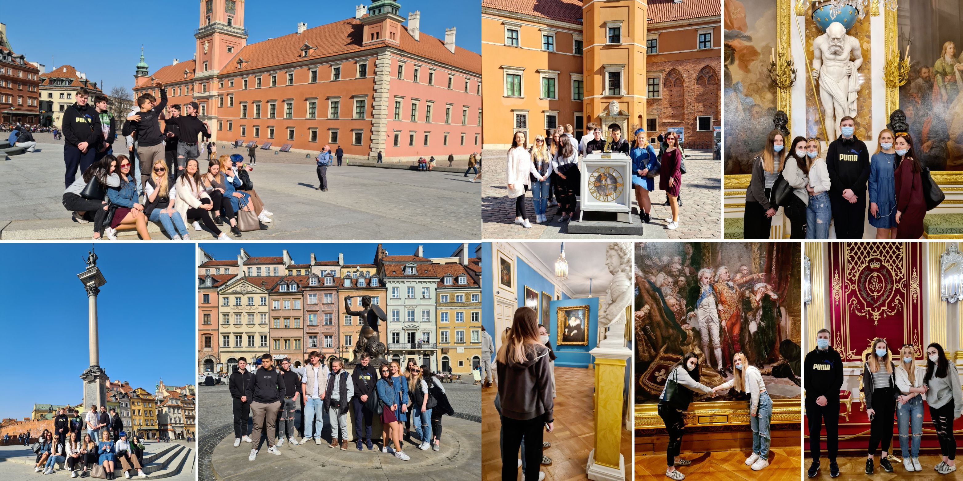 Zdjęcie przedstawia uczniów zwiedzających Stare Miasto oraz uczniów zwiedzających Muzeum Zamku Królewskiego.