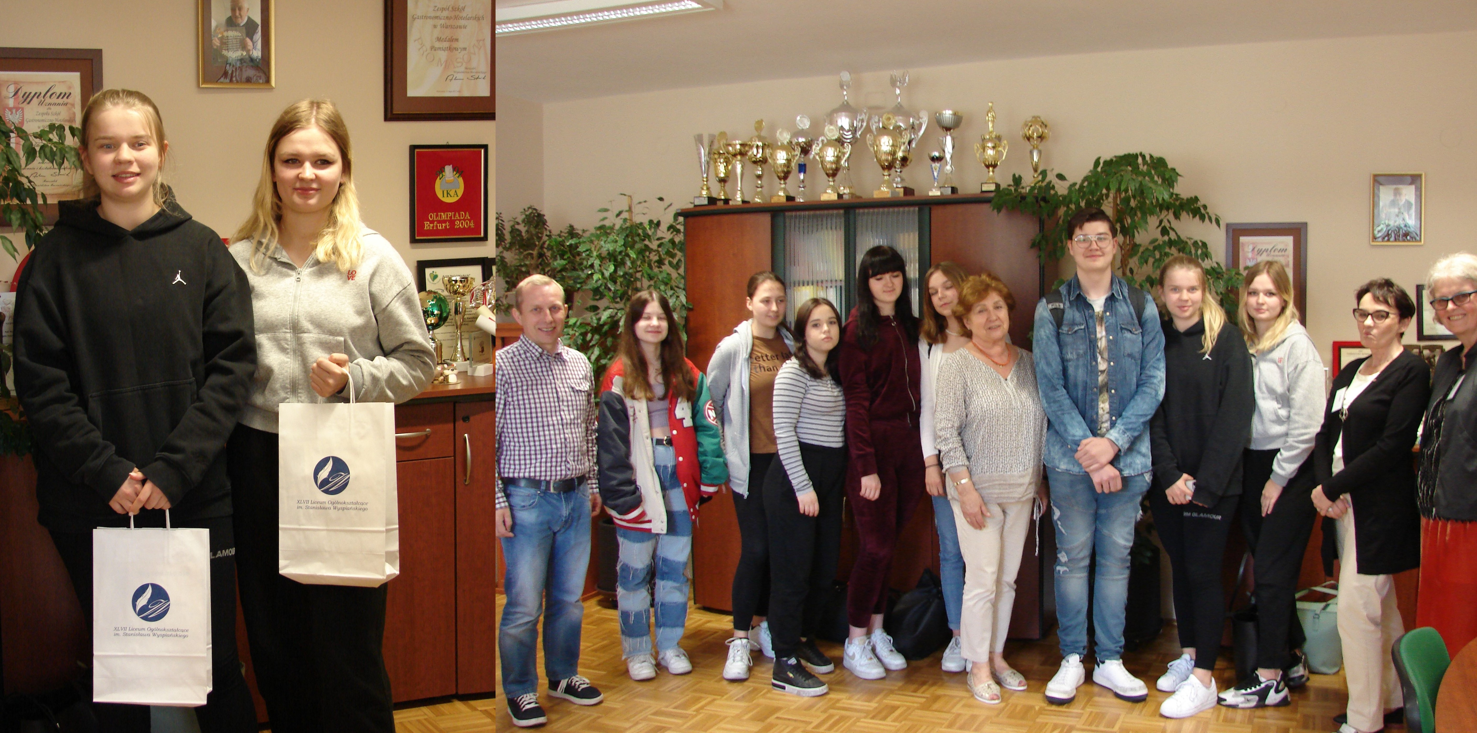 Wspólne zdjęcie uczniów i organizatorów XVIII Dzielnicowego Konkursu Katyńskiego, Uczennice Marta Gródek i Justyna Wadełek wyróżnione za najwyższe wyniki testu z wiedzy XVIII Dzielnicowego Konkursu Katyńskiego.