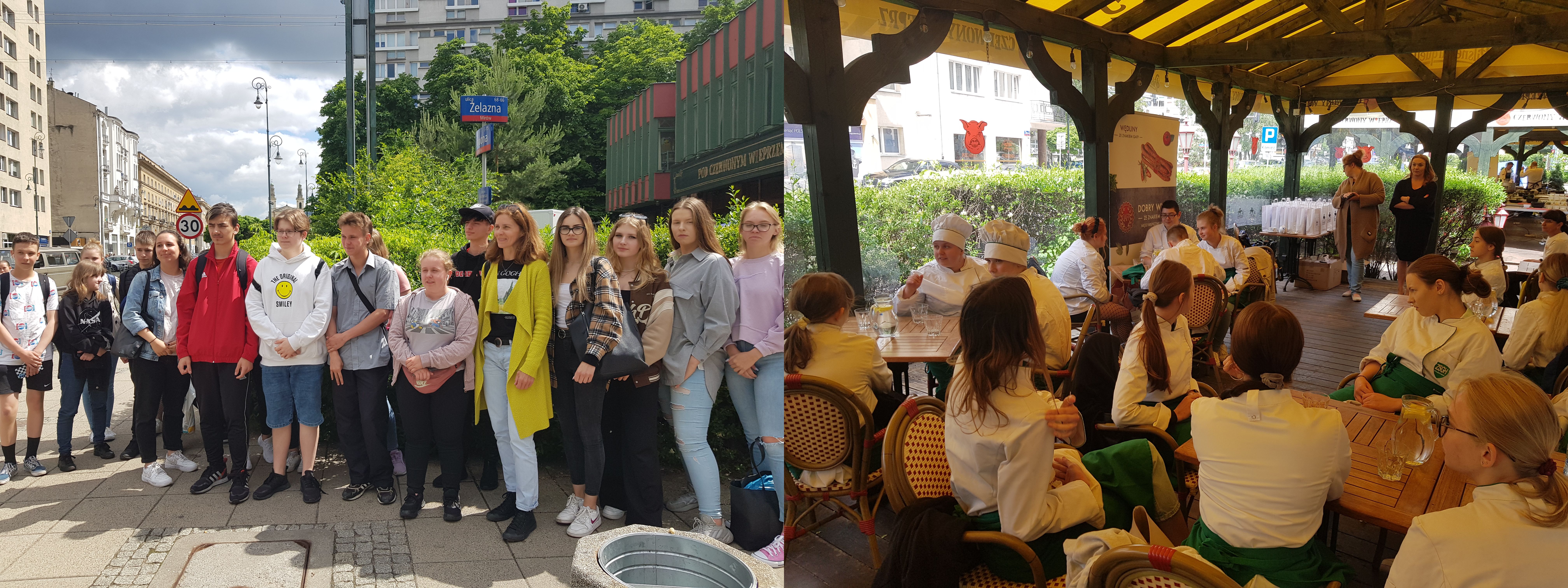 Młodziez klas 2ep i 3dp z wychowawczynią przed Restauracją Polską Czerwony Wieprz , Uczniowie siedzą w sali degustacyjnej i słuchają prelekcji o jakości mięsa